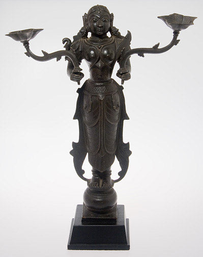 19th Century Bronze Sculpture of Lakshmi with Oil Lamps