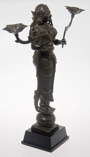 19th Century Bronze Sculpture of Lakshmi with Oil Lamps