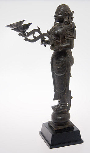 19th Century Bronze Sculpture of Lakshmi with Oil Lamps