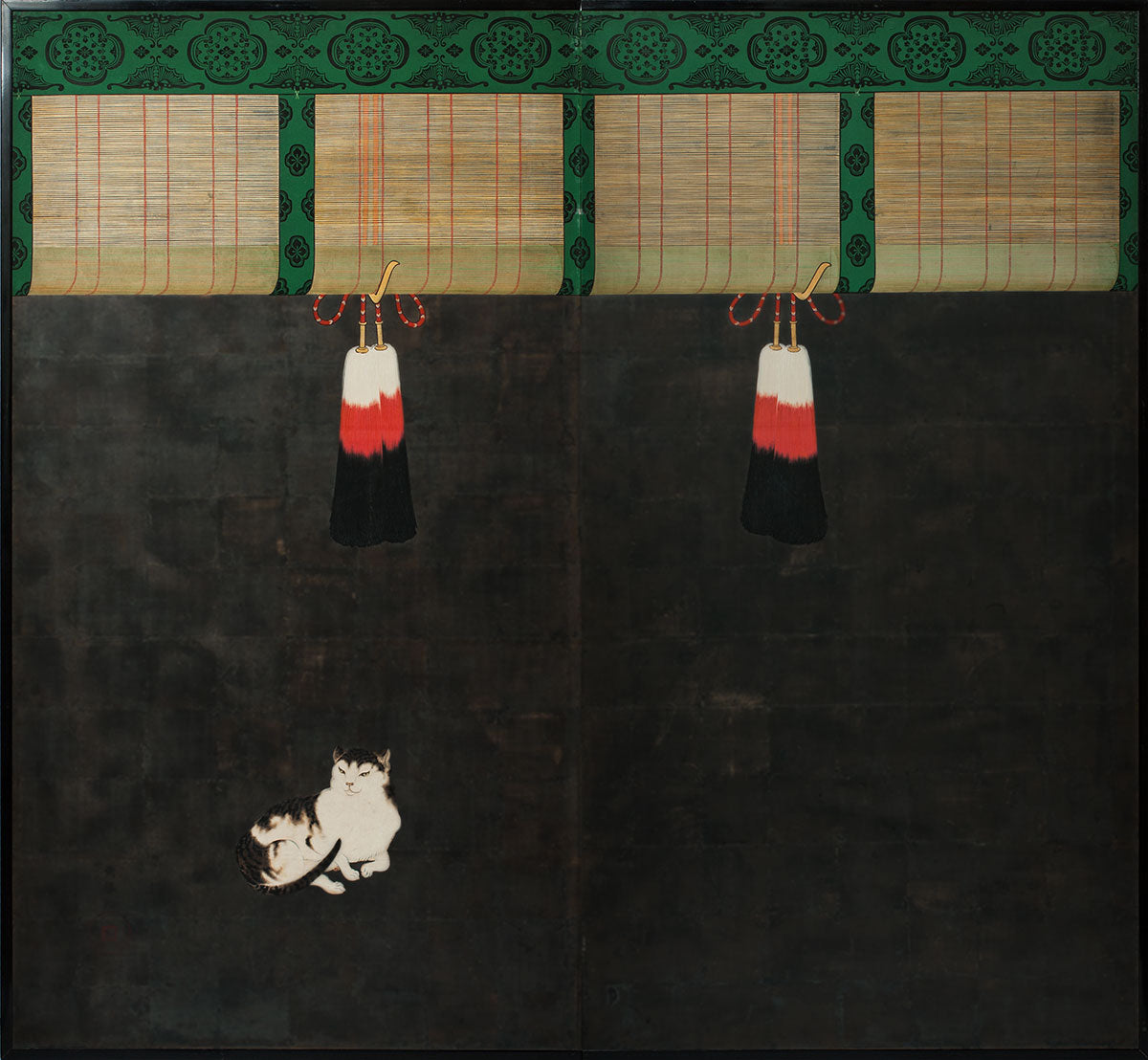 Cat & Sudare Two-Panel Taisho Period Byobu by Atomi Kakei