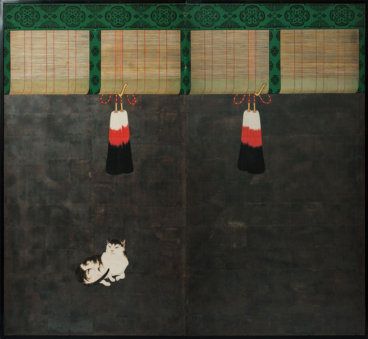 Cat & Sudare Two-Panel Taisho Period Byobu by Atomi Kakei