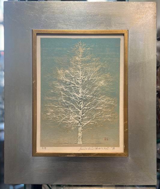 Tree woodblock print with silver and gold