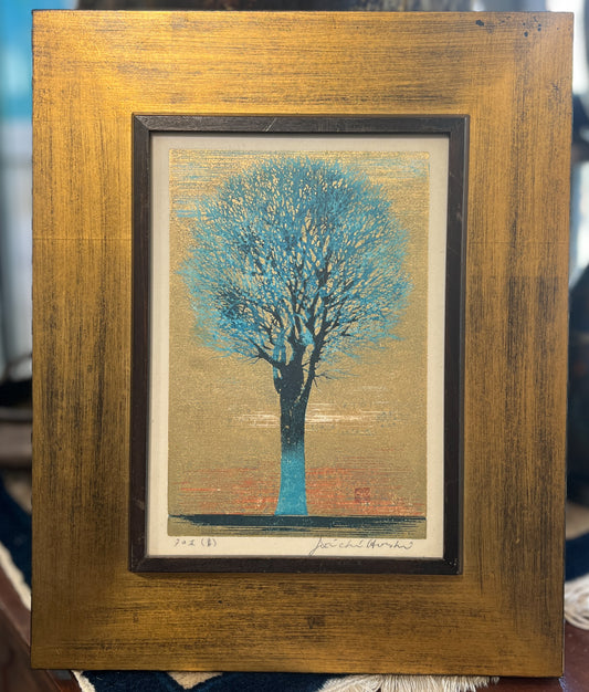 Tree woodblock print in blue and gold