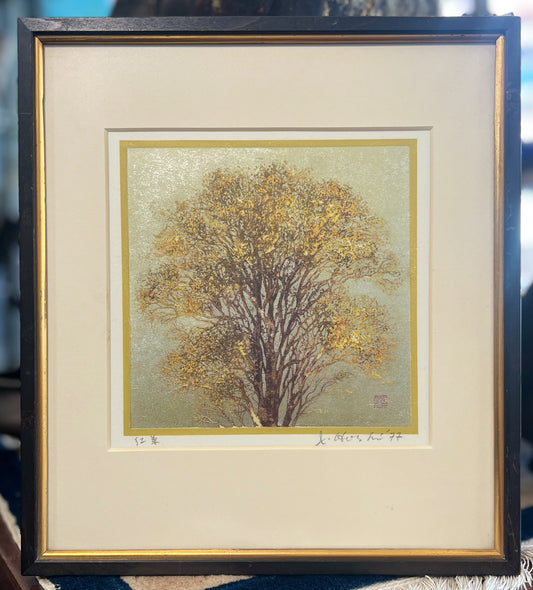 Hoshi tree woodblock print with metallic background