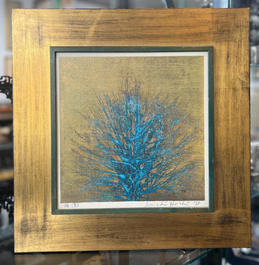 Tree woodblock print in blue and gold, framed