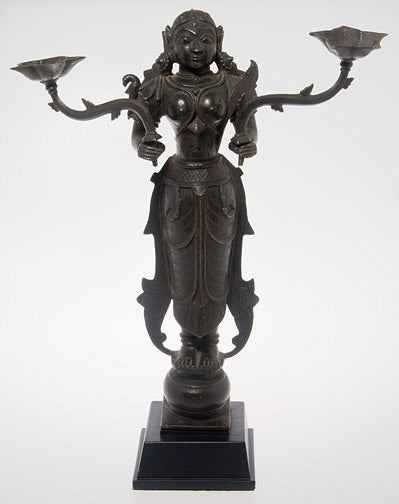 19th Century Bronze Lakshmi with Oil Lamps